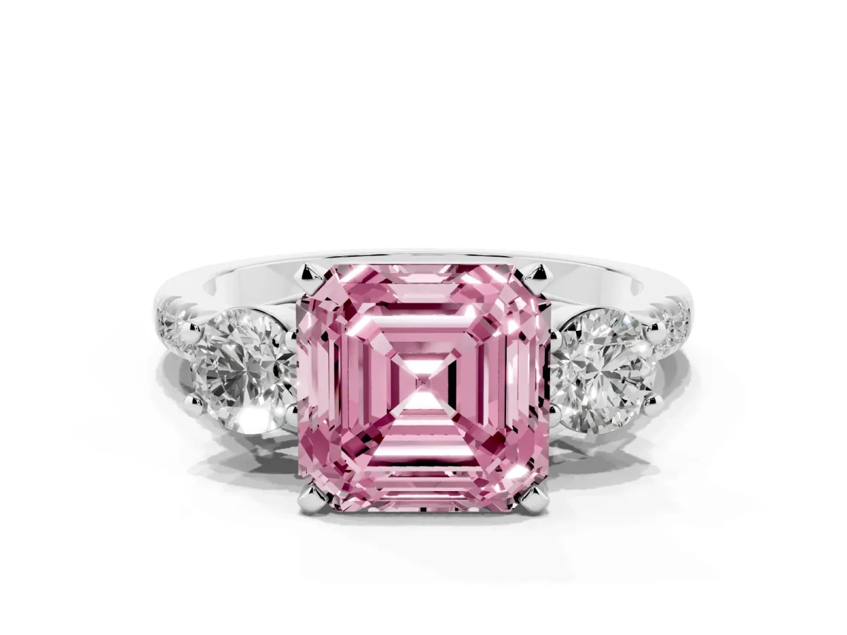 Fancy Pink Three-Stone Asscher Cut Diamond Pavé Band with Four-Prong Setting Platinum