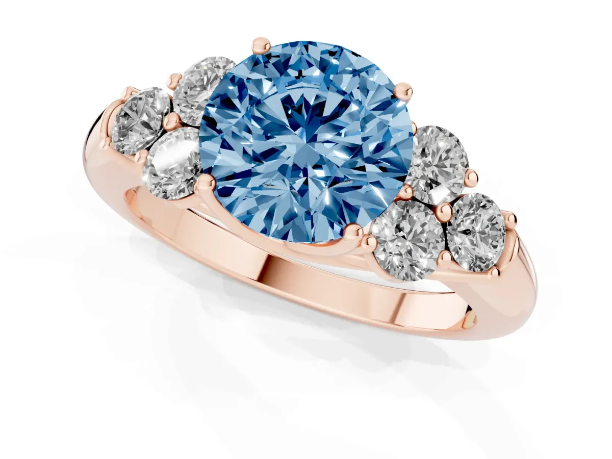 Fancy Blue Round Cut Cut Diamond Cluster Ring with Round Accent Stones and Prong Setting on a Classic Band Rose gold