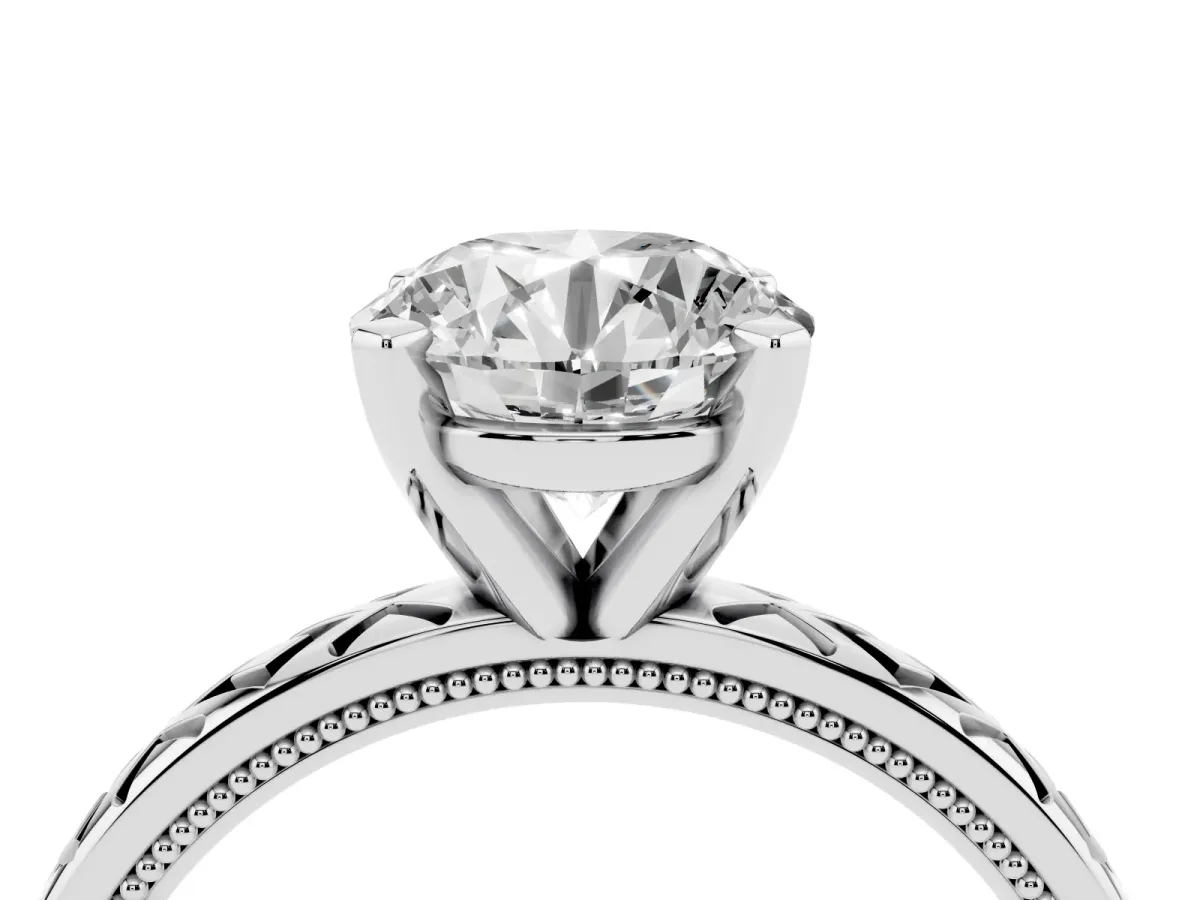Round Cut Solitaire Diamond Ring with Milgrain and Black Enamel X Pattern Band Silver