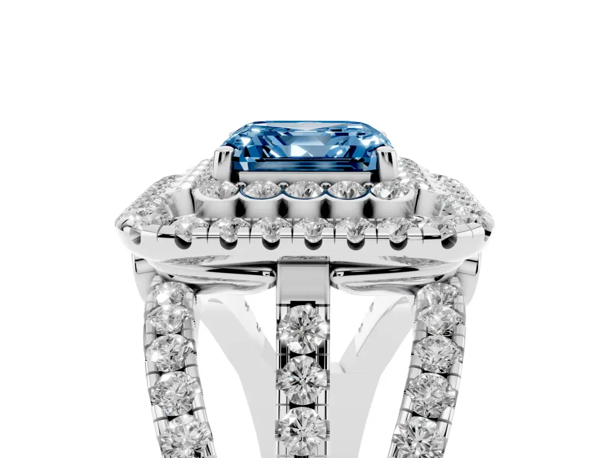 Fancy Blue Asscher Cut Diamond Double Halo Ring with Round Pavé Split Shank and Prong Setting Silver