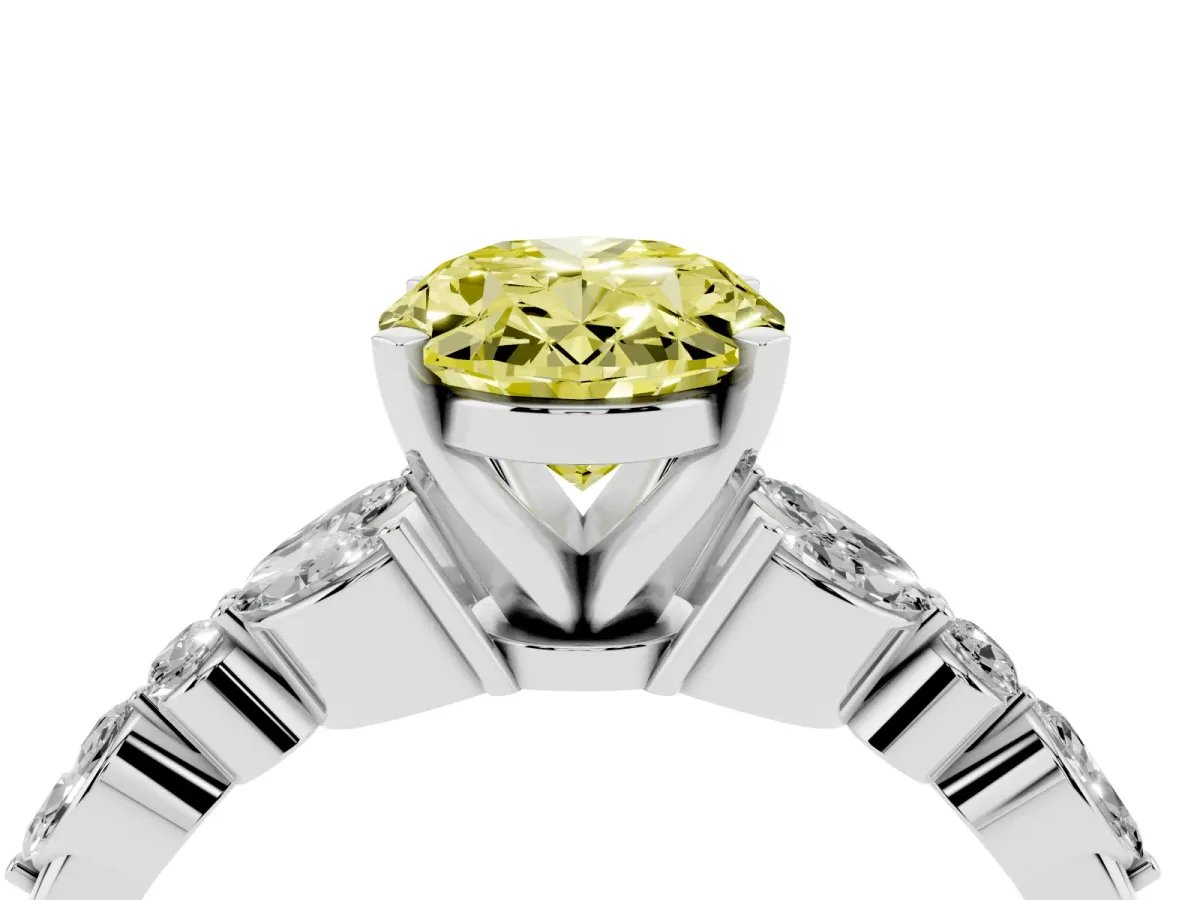 Fancy Yellow Oval Cut Diamond Solitaire Ring with Side Stones and Four-Prong Setting Silver