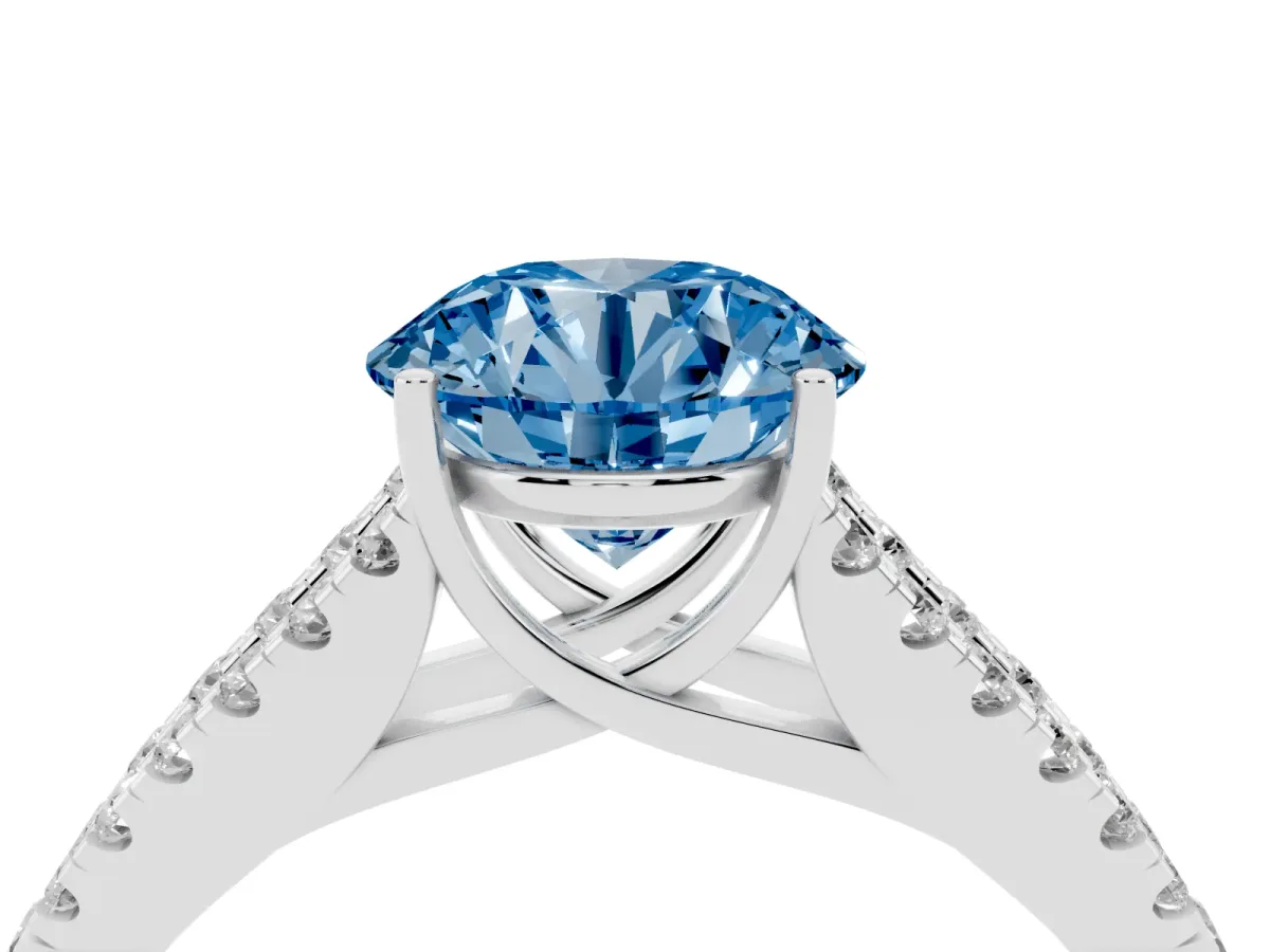 Fancy Blue Round Cut Diamond Split Shank Engagement Ring with Round Pavé and Prong Setting Silver
