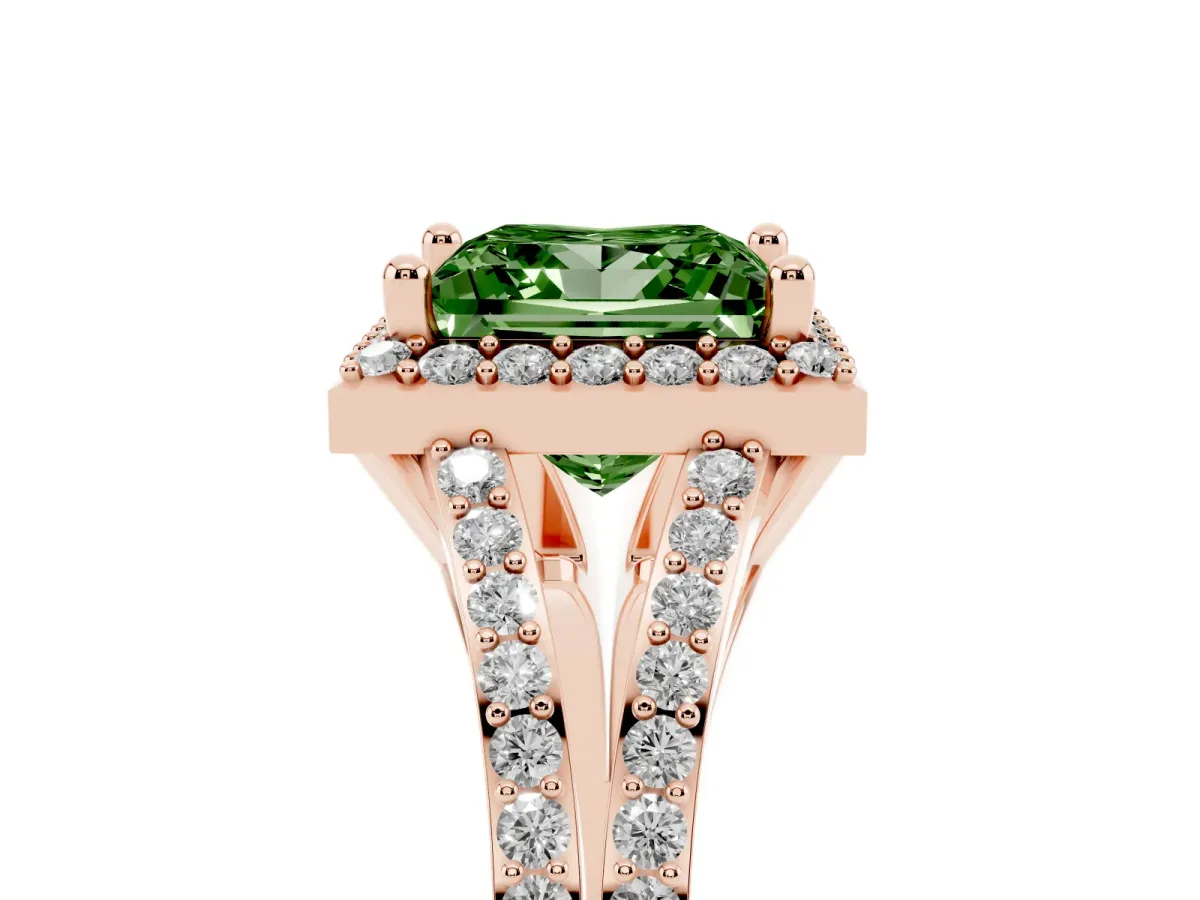 Fancy Green Princess Cut Halo Split Shank Pave Diamond Ring with Four-Prong Setting Rose gold