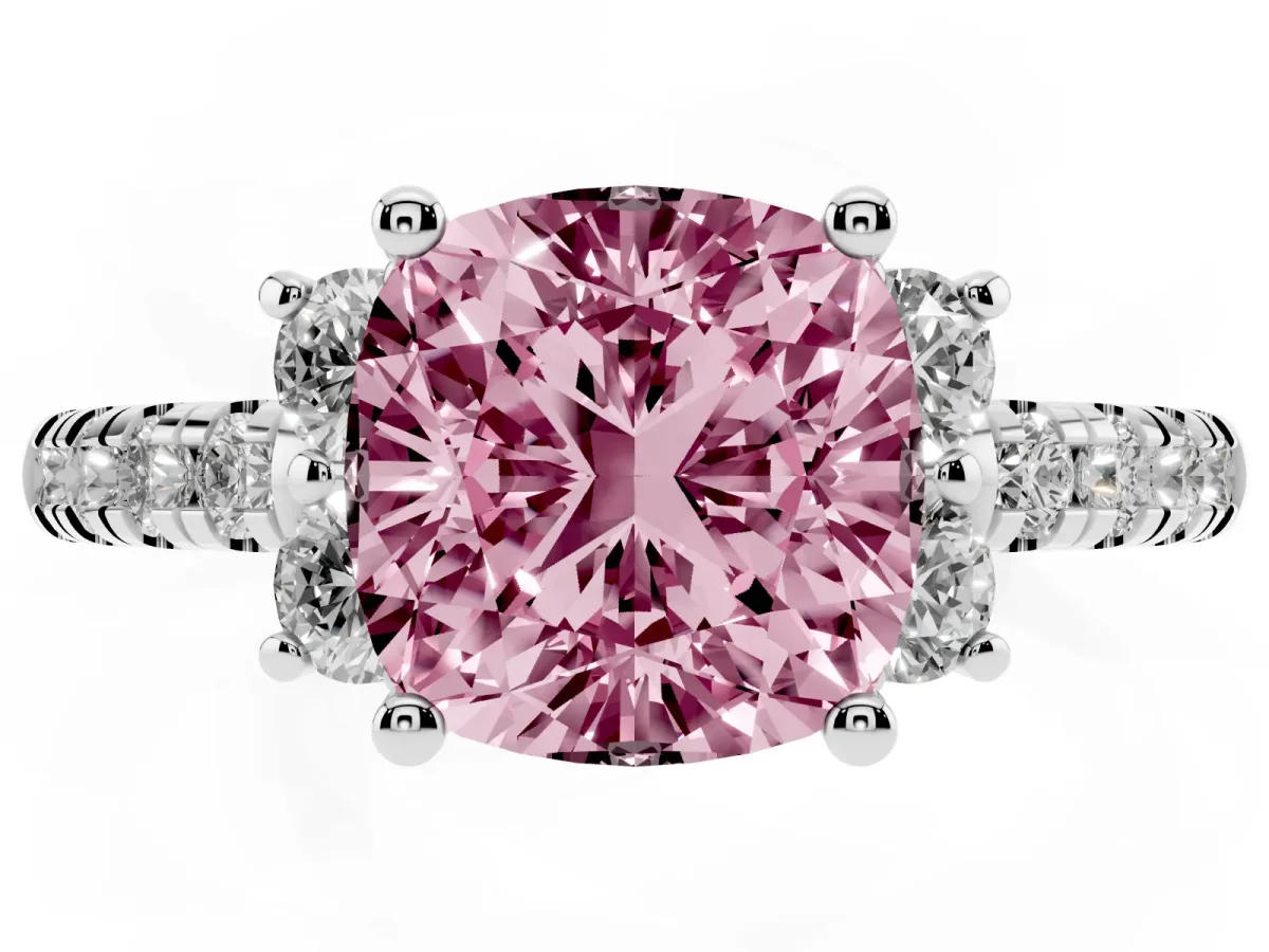 Fancy Pink Cushion Cut Diamond Three-Stone Pave Band with Four-Prong Setting Silver