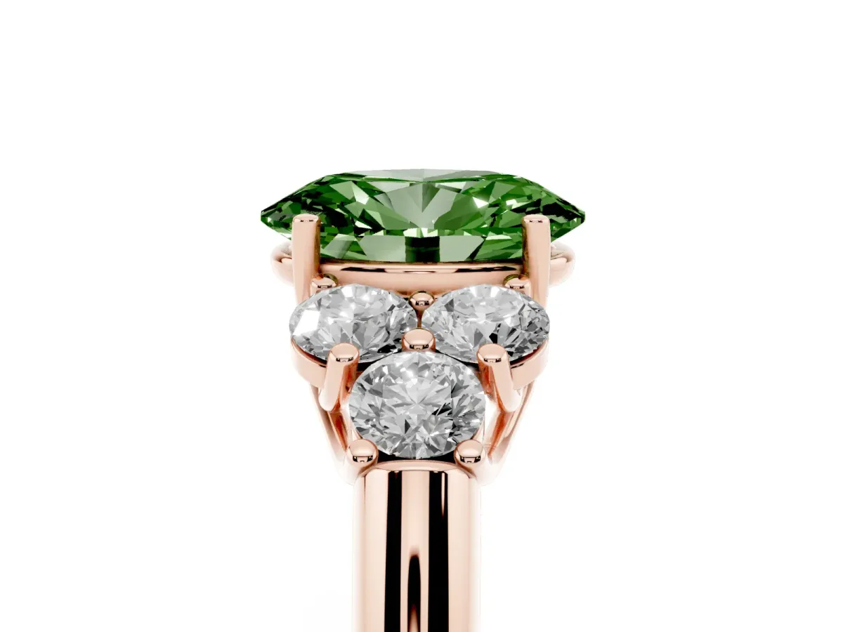 Fancy Green Oval Cut Cut Diamond Cluster Ring with Round Accent Stones and Prong Setting on a Classic Band Rose gold