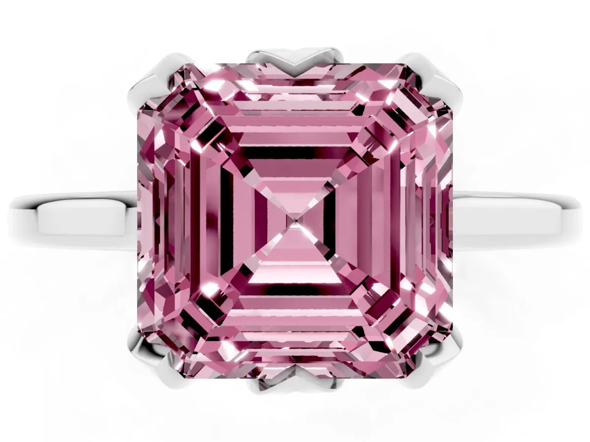 Fancy Pink Asscher Cut Diamond Solitaire Ring with Flower Prong Setting and Classic Band Silver