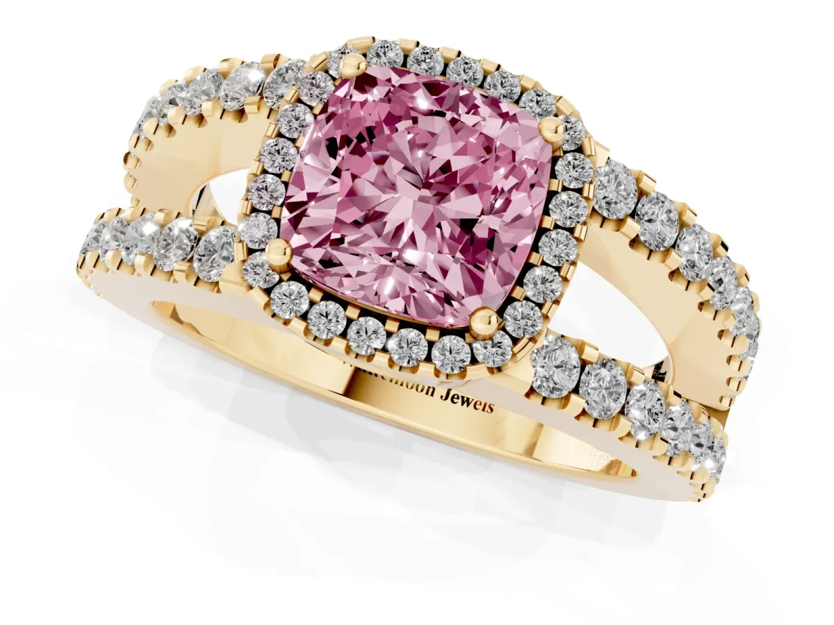 Fancy Pink Cushion Cut Cut Halo Split Shank Diamond Ring with Four-Prong Setting Yellow gold