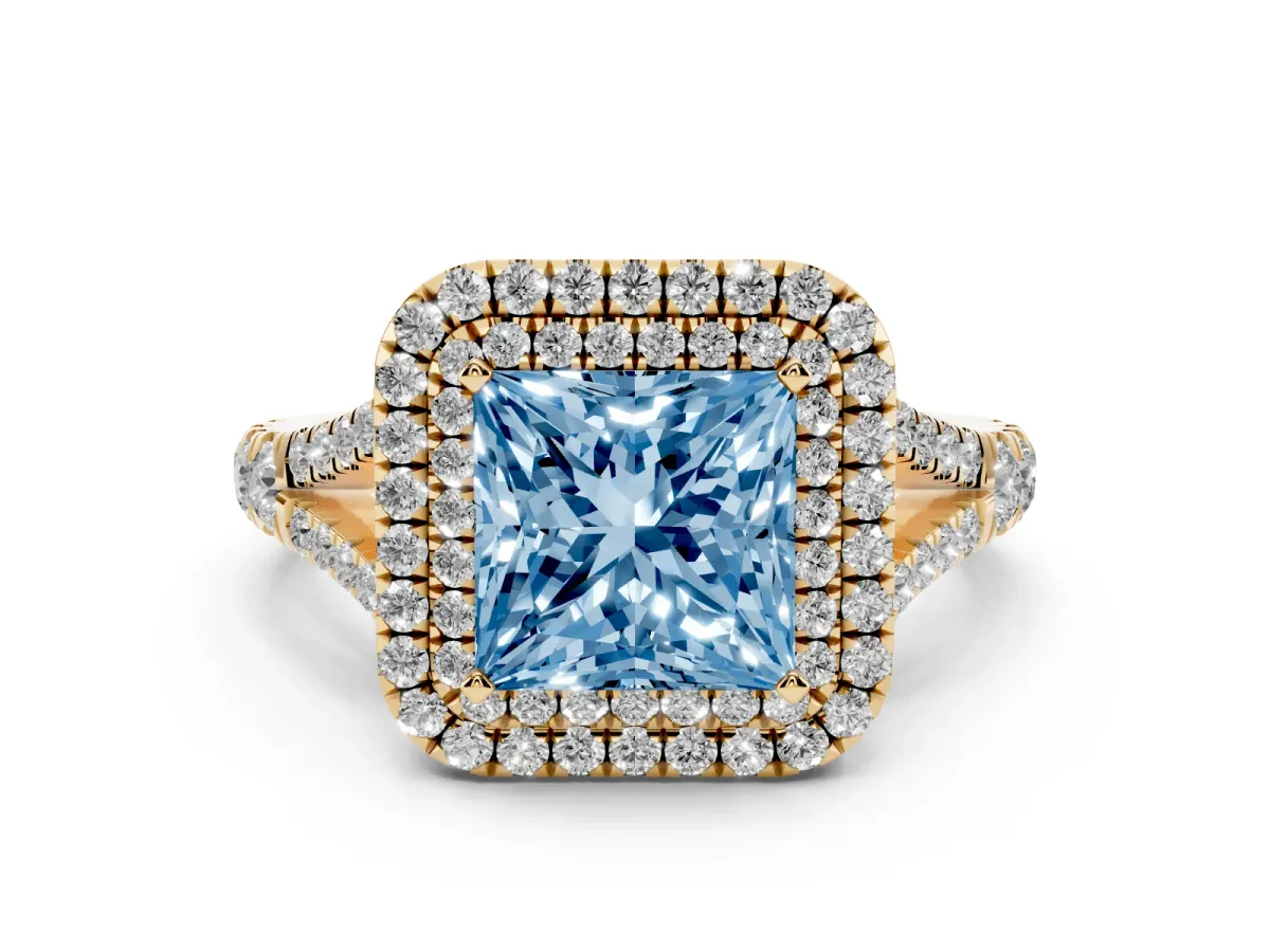 Fancy Blue Princess Cut Diamond Pavé Split Shank Double Halo Engagement Ring Yellow gold