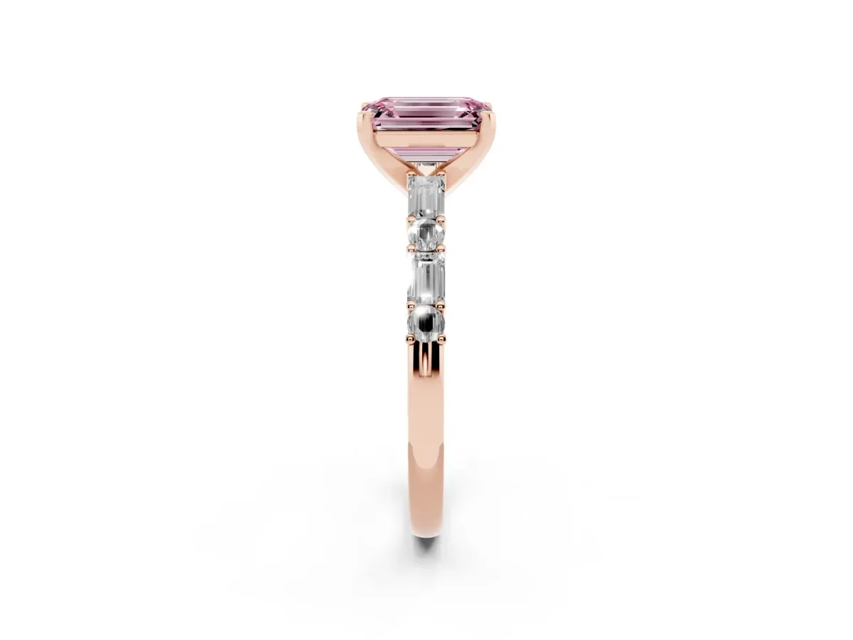 Fancy Pink Emerald Cut Diamond Solitaire with Side Baguettes and Channel Set Band Rose gold