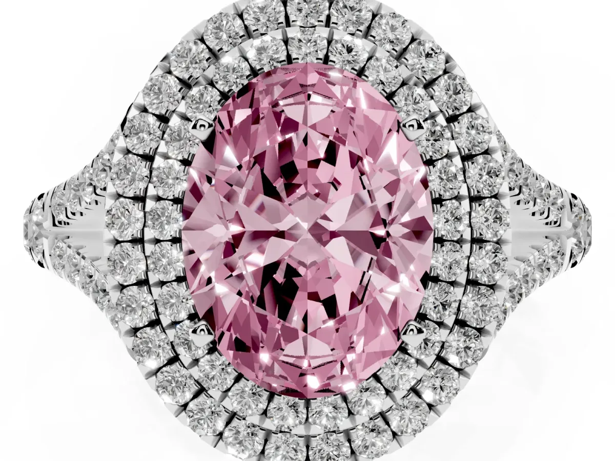 Fancy Pink Oval Cut Diamond Pavé Split Shank Double Halo Engagement Ring Silver