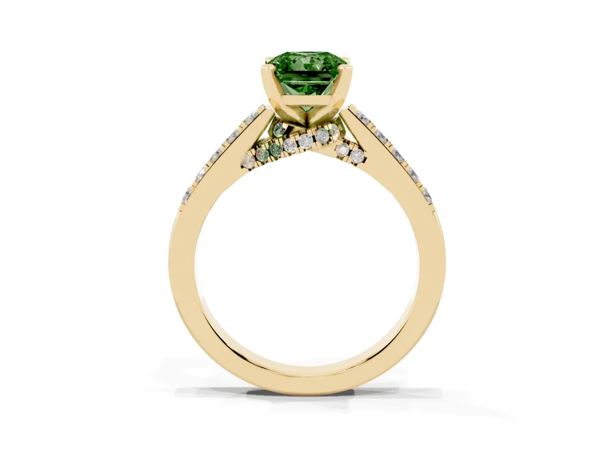 Fancy Green Radiant Cut Diamond Solitaire Ring with Crossover Gallery and Round Pavé Band Yellow gold