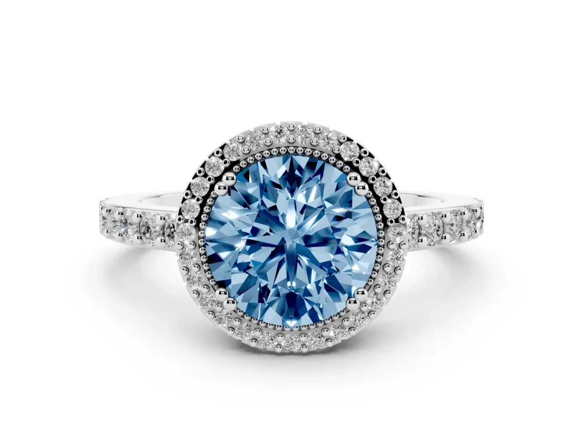 Fancy Blue Round Cut Cut Diamond Halo Engagement Ring with Milgrain Detail and Pavé Band Silver