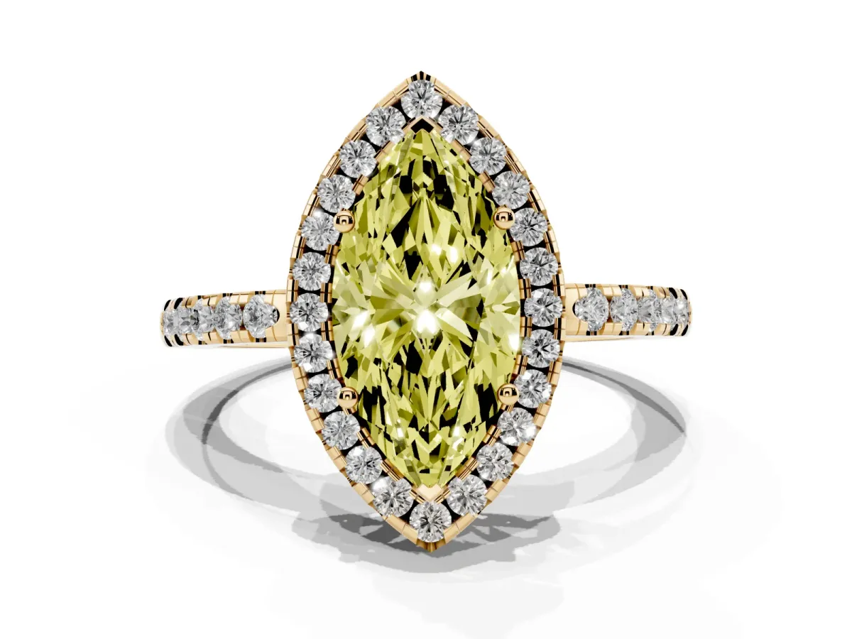 Fancy Yellow Marquise Cut Halo Diamond Engagement Ring with Pavé Band and Four-Prong Setting Yellow gold