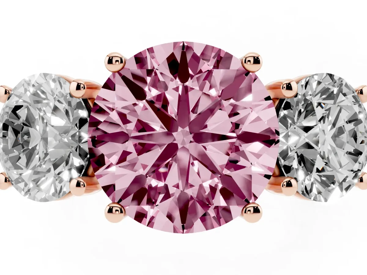 Fancy Pink Three-Stone Round Cut Diamond Ring with Round Pavé Band and Prong Setting Rose gold