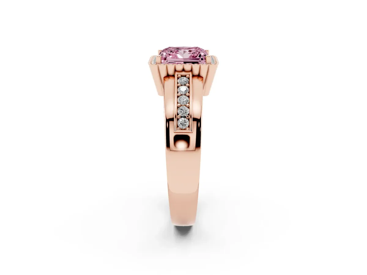 Fancy Pink Princess Cut Cut Halo Pave Band Four-Prong Ring Rose gold