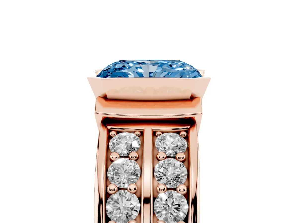Fancy Blue Radiant Cut Brilliant Diamond Channel Set Wide Band Ring with Bezel Setting Rose gold