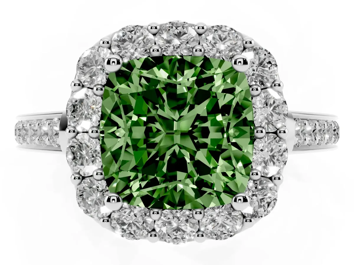 Fancy Green Cushion Cut Diamond Floral Halo Ring with Pavé Band and Prong Setting White gold