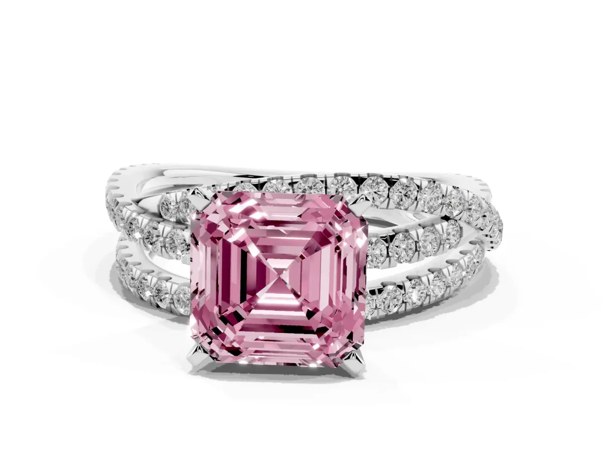 Fancy Pink Asscher Cut Solitaire Twist Band with Pavé Setting and Four-Prong Setting Silver