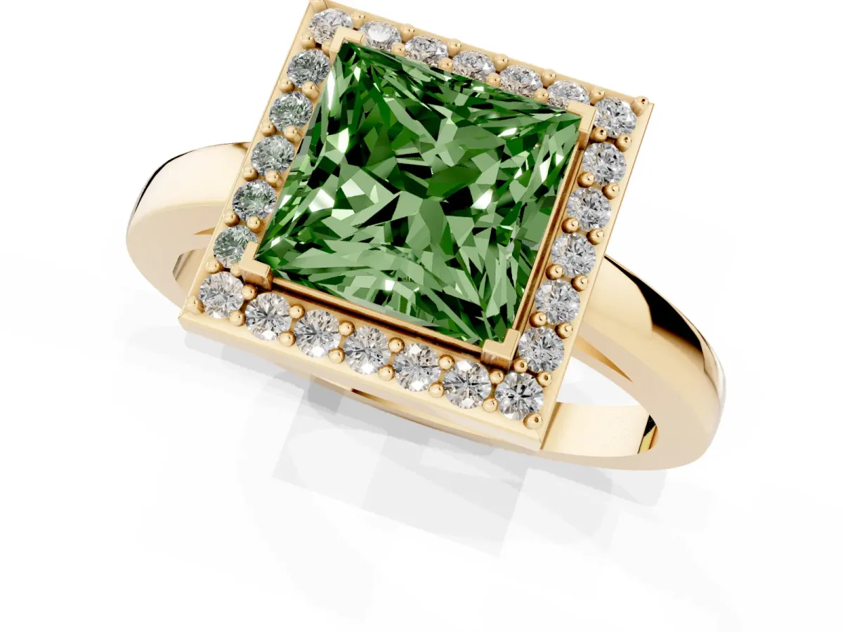 Fancy Green Princess Cut Halo Diamond Ring with Solitaire Band and Prong Setting Yellow gold