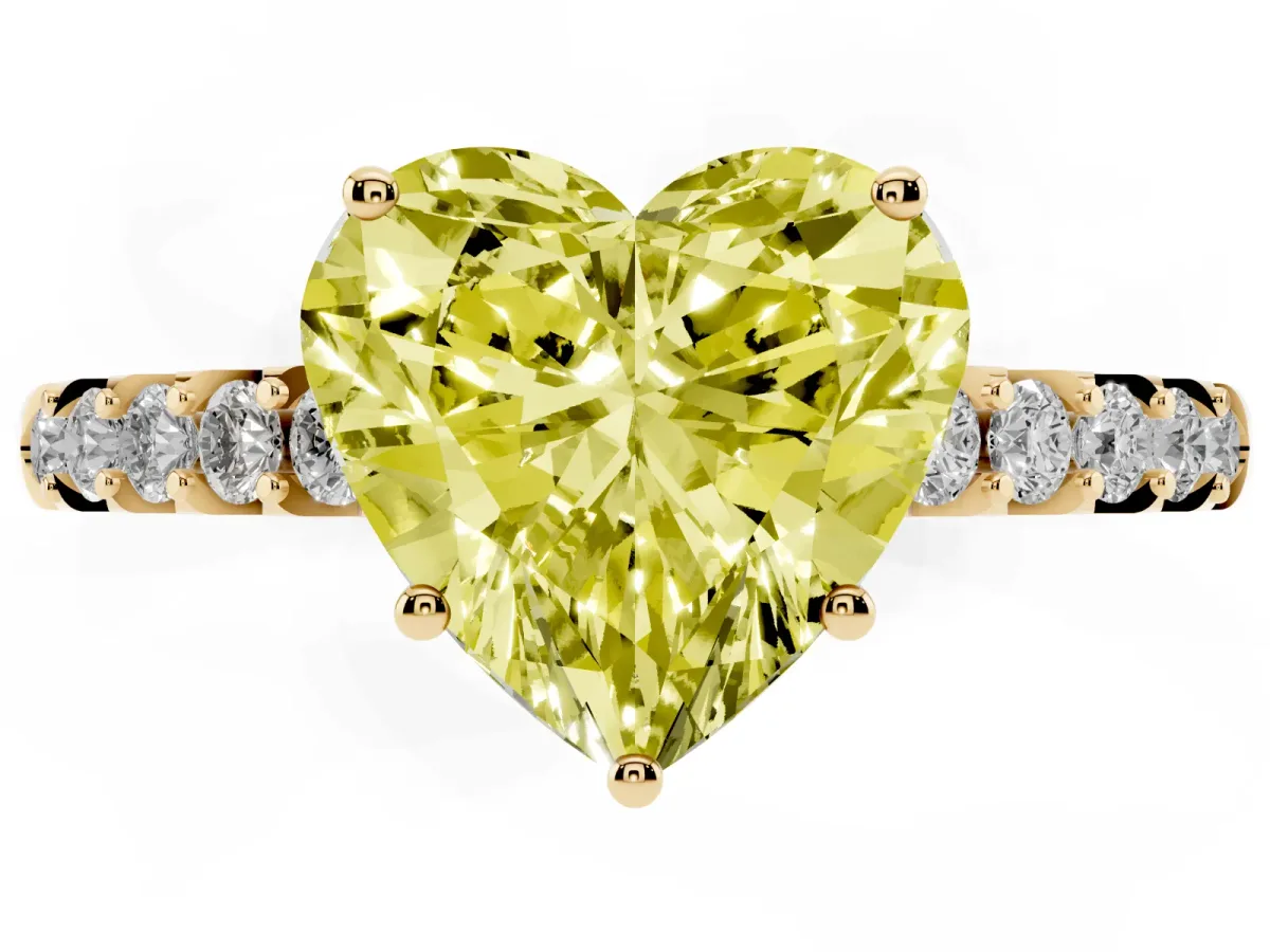 Fancy Yellow Heart Cut Solitaire Diamond Engagement Ring with Pavé Band and Six-Prong Setting Yellow gold