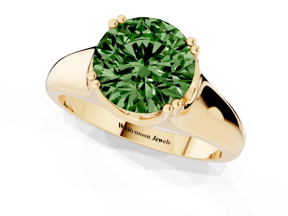 Fancy Green Round Cut Diamond Solitaire Ring with Wide Band and Prong Setting Yellow gold