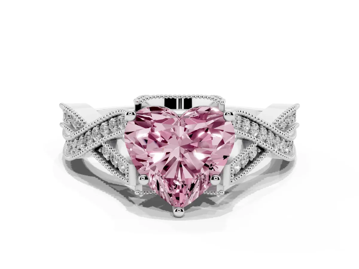 Fancy Pink Heart Cut Cut Diamond Twisted Band with Milgrain Pave Setting and Four-Prong Setting Silver