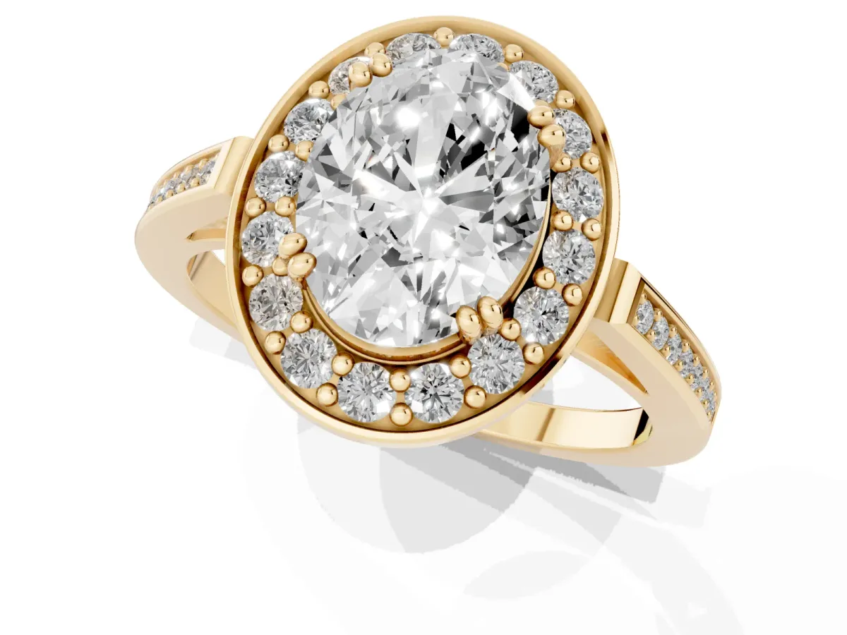 Oval Cut Diamond Halo Ring with Split Shank and Four-Prong Setting Yellow gold