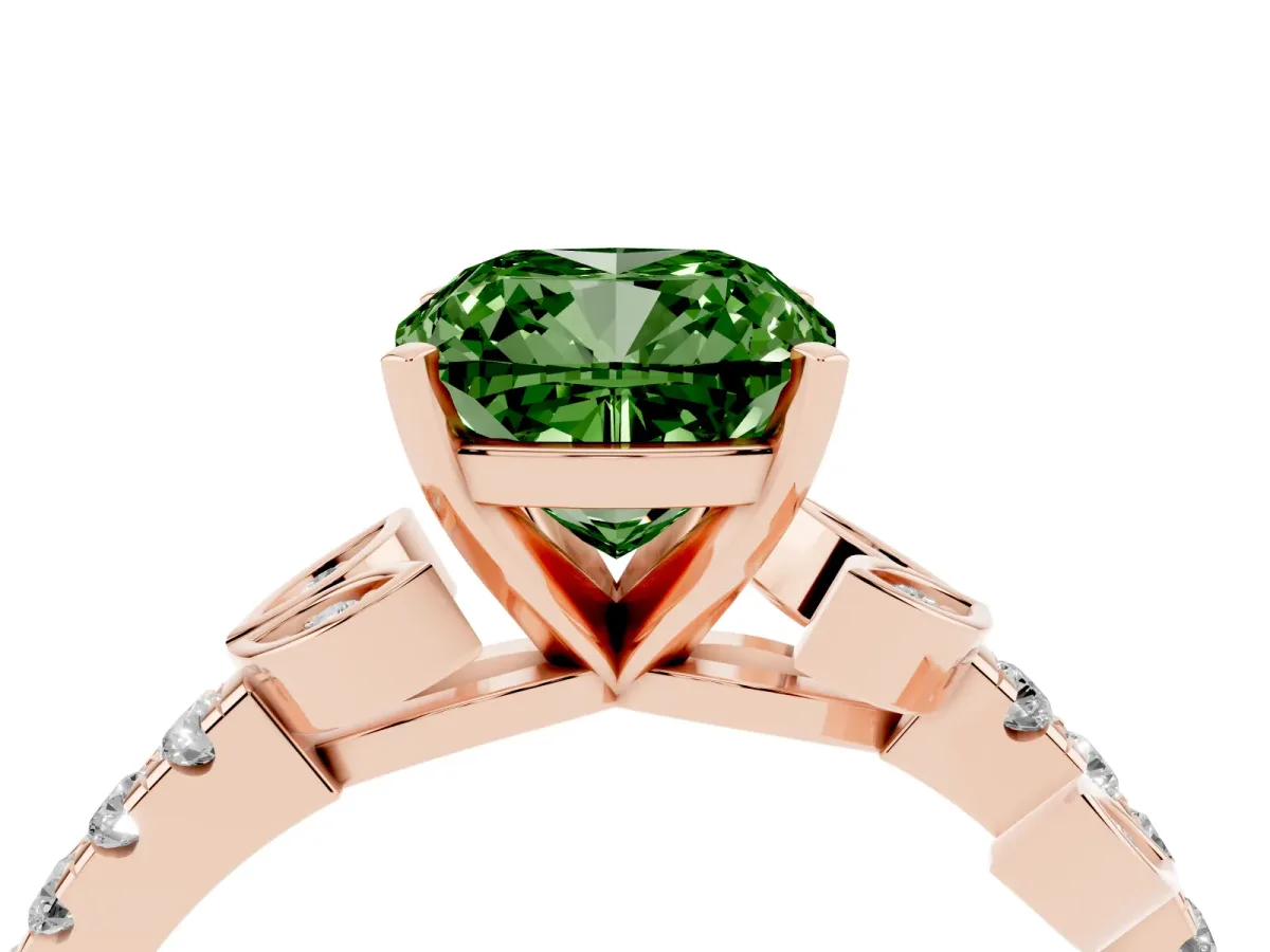 Fancy Green Cushion Cut Solitaire Leaf-Inspired Diamond Ring with Pavé Band and Four-Prong Setting Rose gold