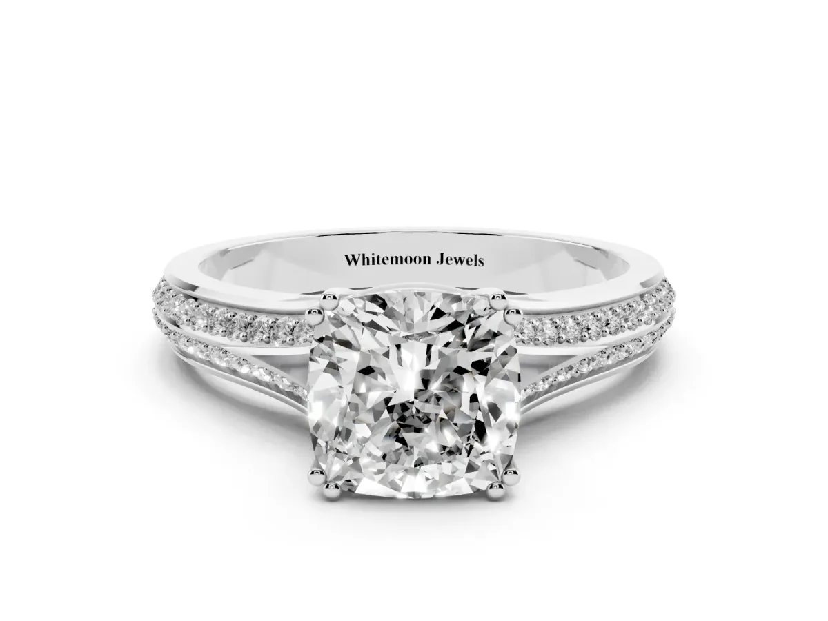 Cushion Cut Diamond Split Shank Engagement Ring with Pavé Band White gold