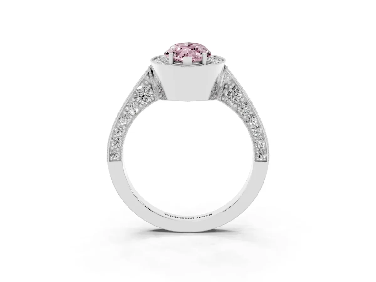 Fancy Pink Marquise Cut Halo Diamond Engagement Ring with Split Shank Band and Four-Prong Setting Silver