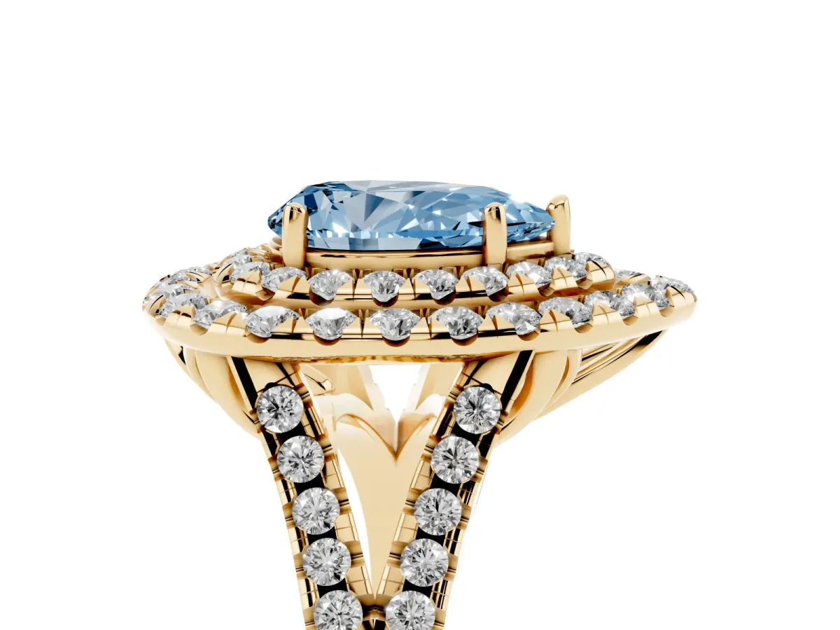 Fancy Blue Double Halo Pear Cut Diamond Pavé Split Shank Ring with Prong Setting Yellow gold
