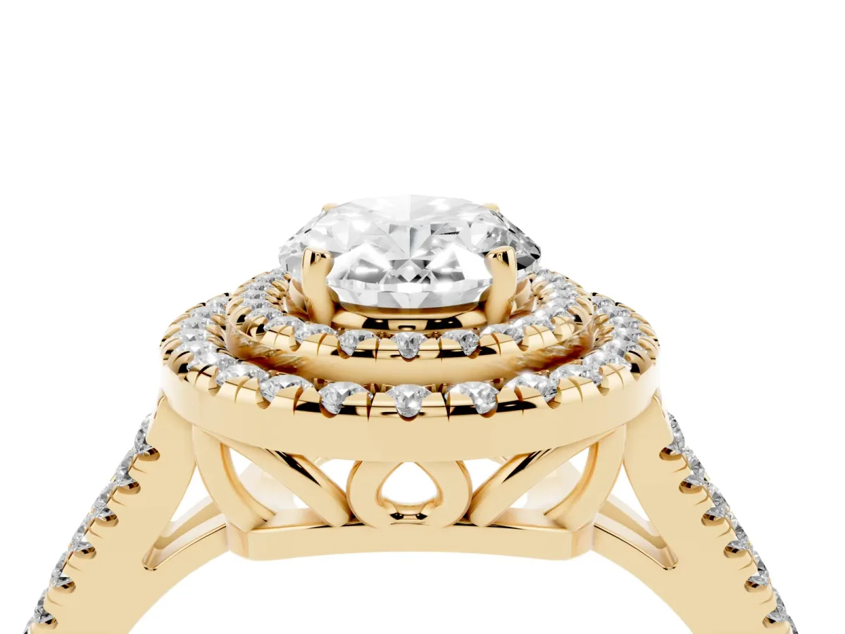 Oval Cut Diamond Double Halo Ring with Pavé Band and Prong Setting Yellow gold