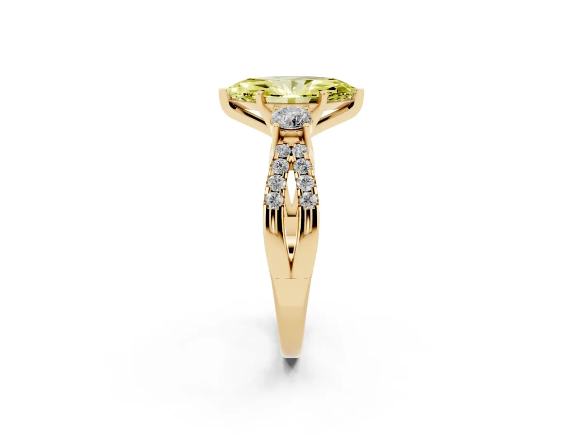 Fancy Yellow Marquise Cut Diamond Three-Stone Ring with Pavé Split Shank and Four-Prong Setting Yellow gold