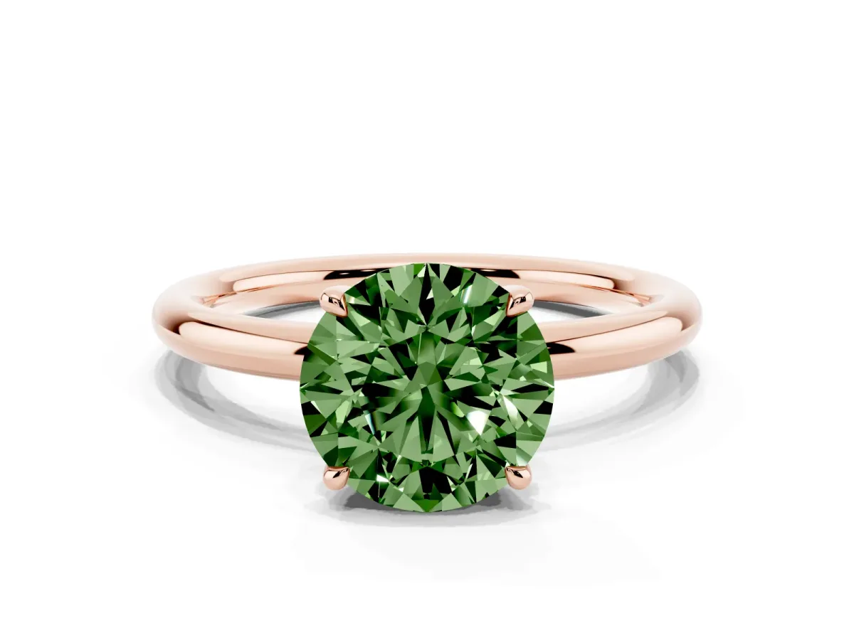 Fancy Green Round Cut Diamond Solitaire Ring with Thin Band and Four-Prong Setting Rose gold