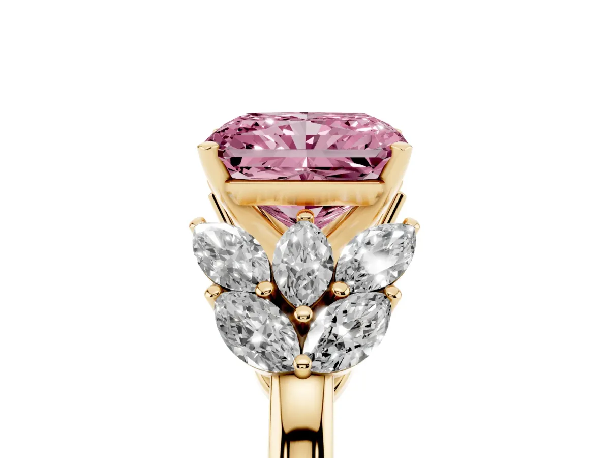 Fancy Pink Radiant Cut Diamond Cluster Leaf Design Ring with Prong Setting Yellow gold