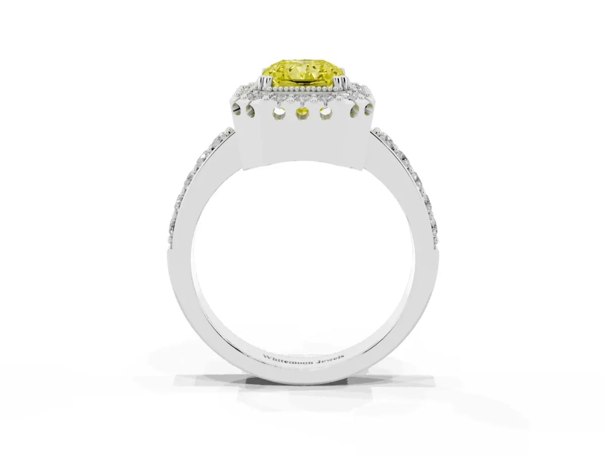 Fancy Yellow Radiant Cut Diamond Halo Ring with Pavé Band and Prong Setting White gold