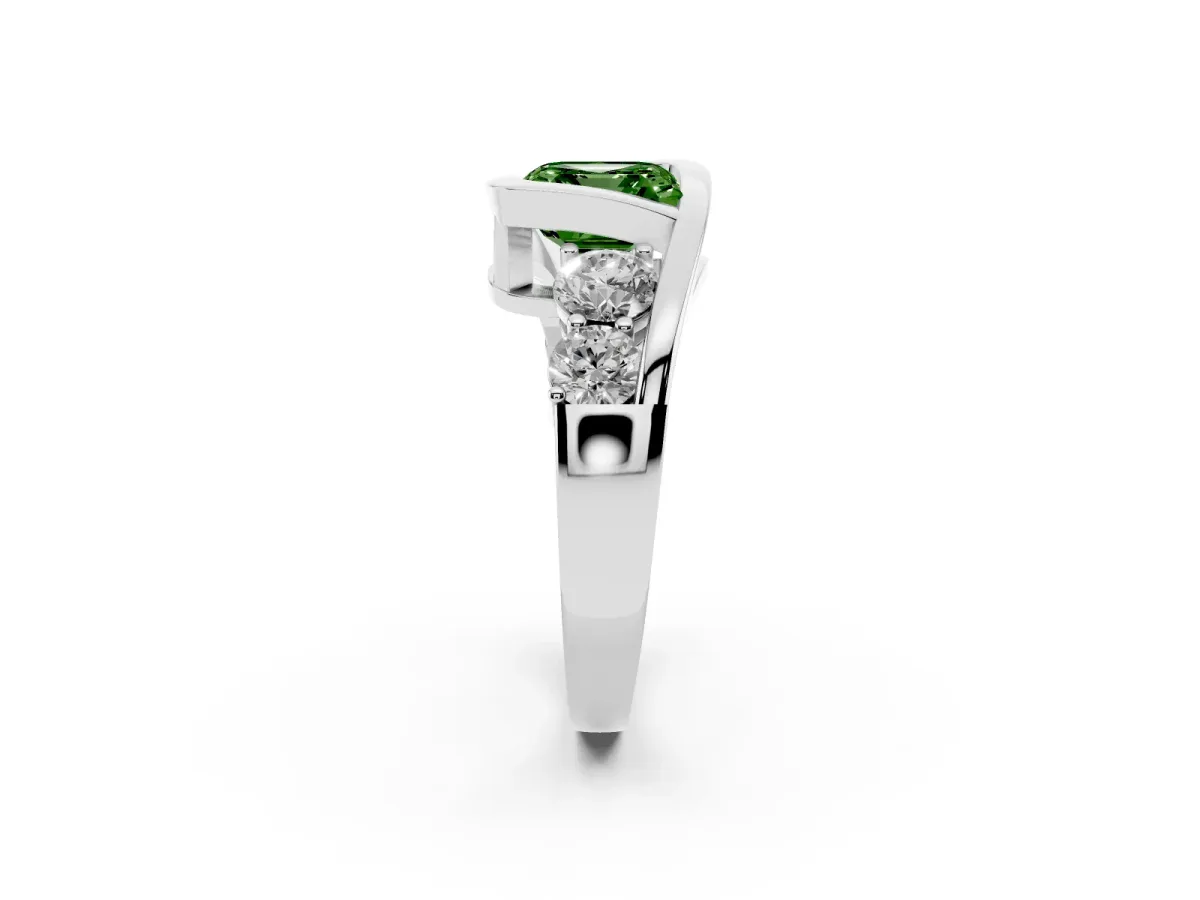Fancy Green Bezel Set Asscher Cut Diamond Bypass Ring with Round Accents Silver