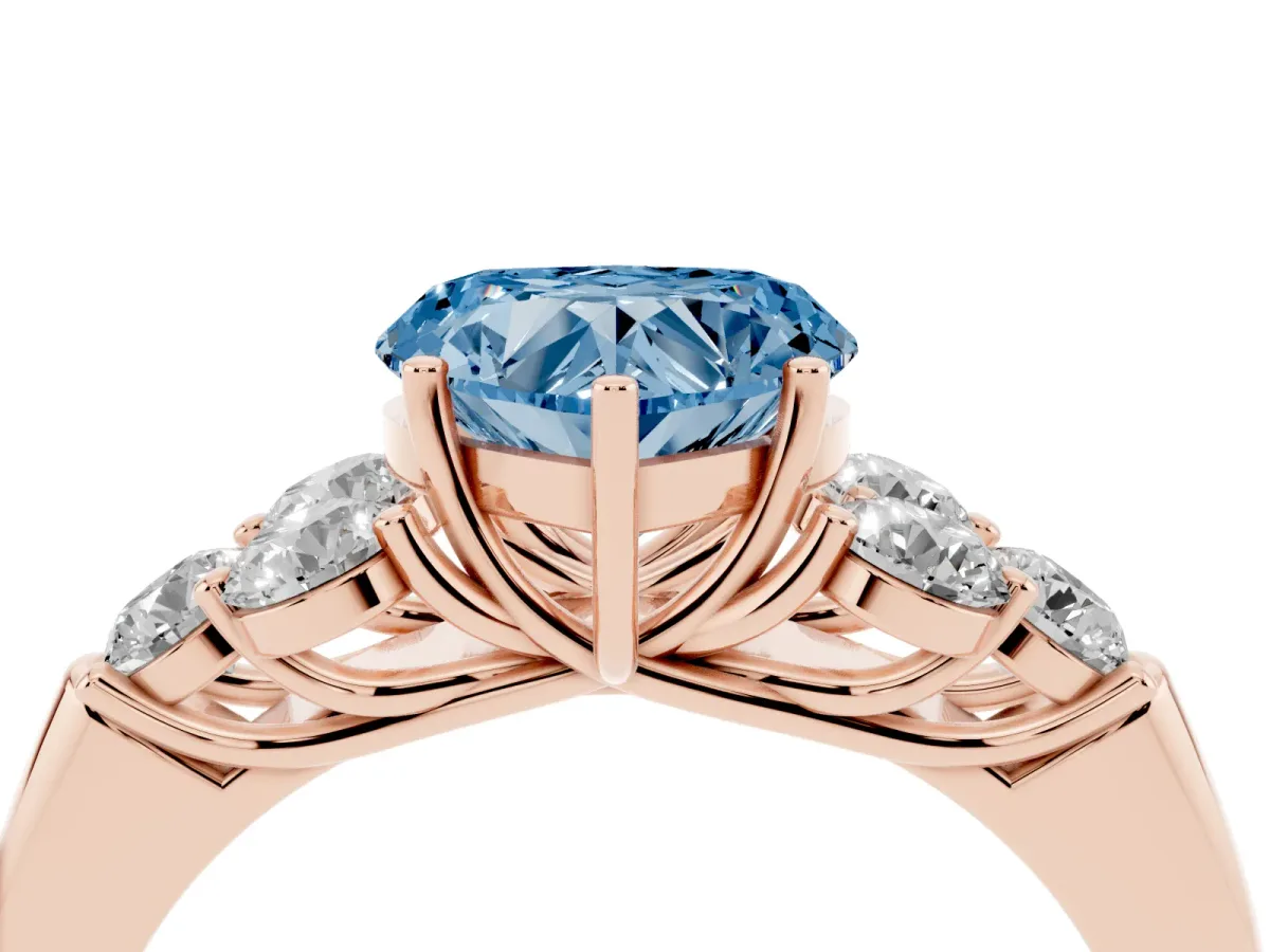 Fancy Blue Heart Cut Cut Diamond Cluster Ring with Round Accent Stones and Prong Setting on a Classic Band Rose gold
