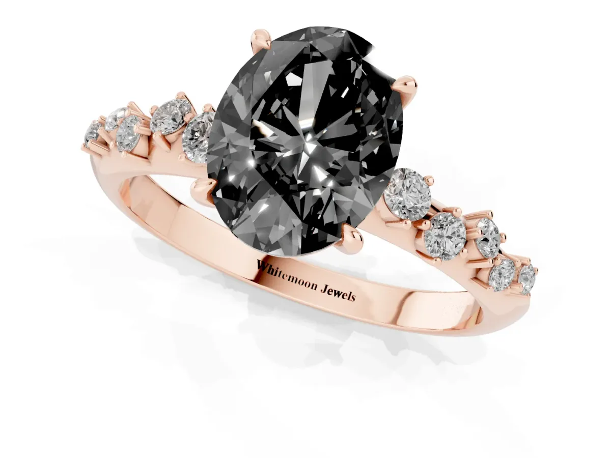Fancy Black Oval Cut Diamond Cluster Side Stone Solitaire Ring with Prong Setting Rose gold