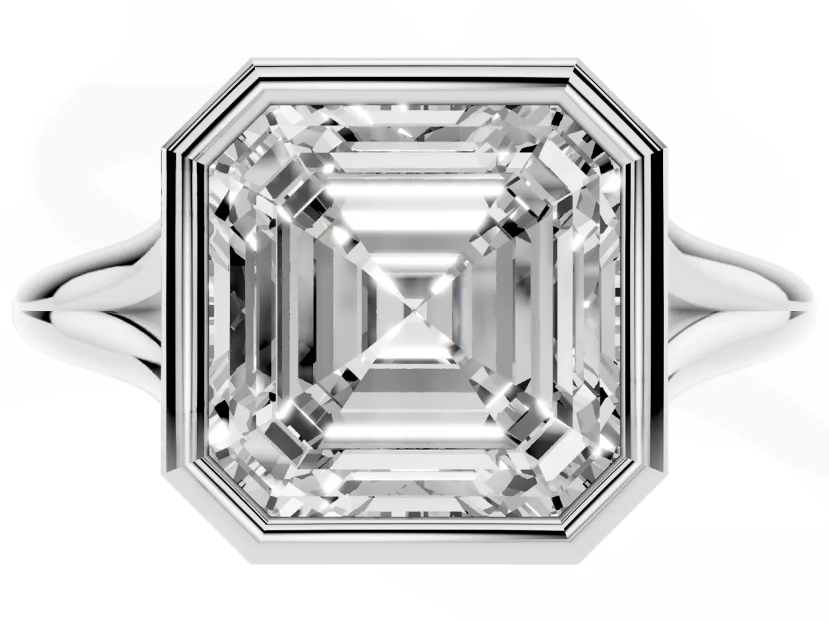 Bezel Set Asscher Cut Cut Solitaire Ring with Tapered Band Silver