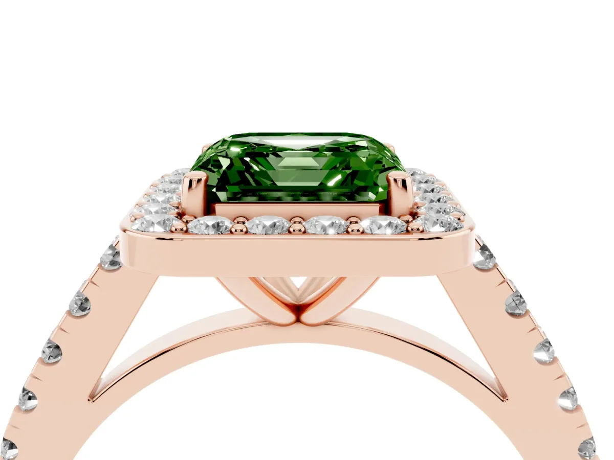 Fancy Green Asscher Cut Diamond Halo Ring with Round Pavé Split Shank and Prong Setting Rose gold
