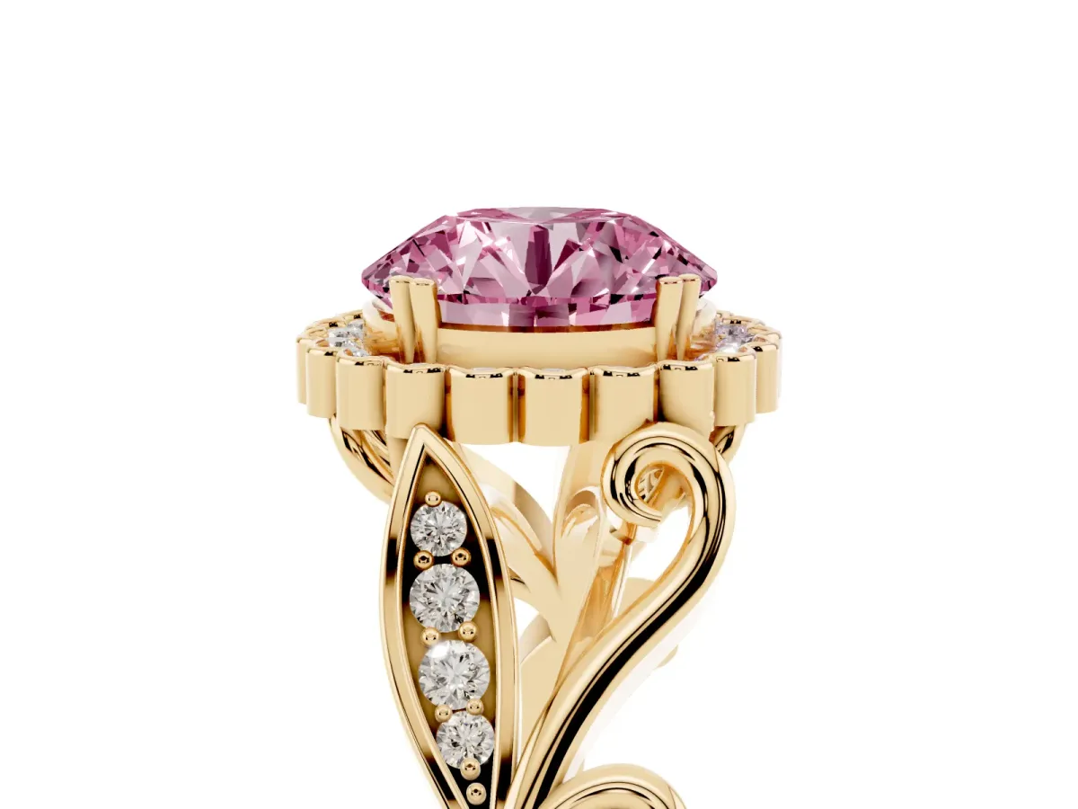Fancy Pink Round Cut Diamond Halo Ring with Vintage Split Shank and Four-Prong Setting Yellow gold