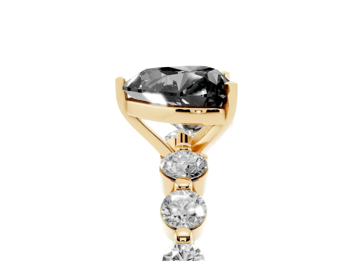 Fancy Black Heart Cut Solitaire Diamond Ring with Pave Band and Four-Prong Setting Yellow gold