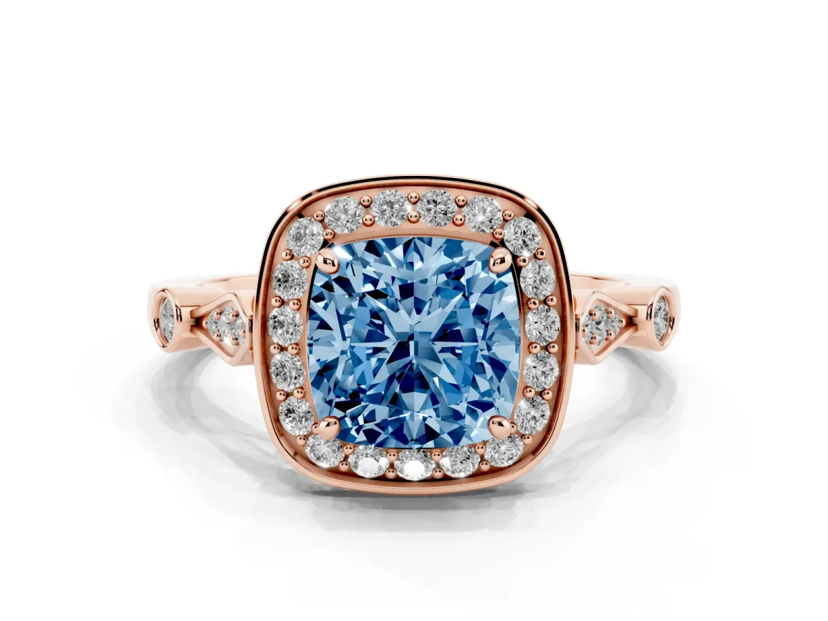 Fancy Blue Cushion Cut Halo Diamond Engagement Ring with Twisted Band and Four-Prong Setting Rose gold