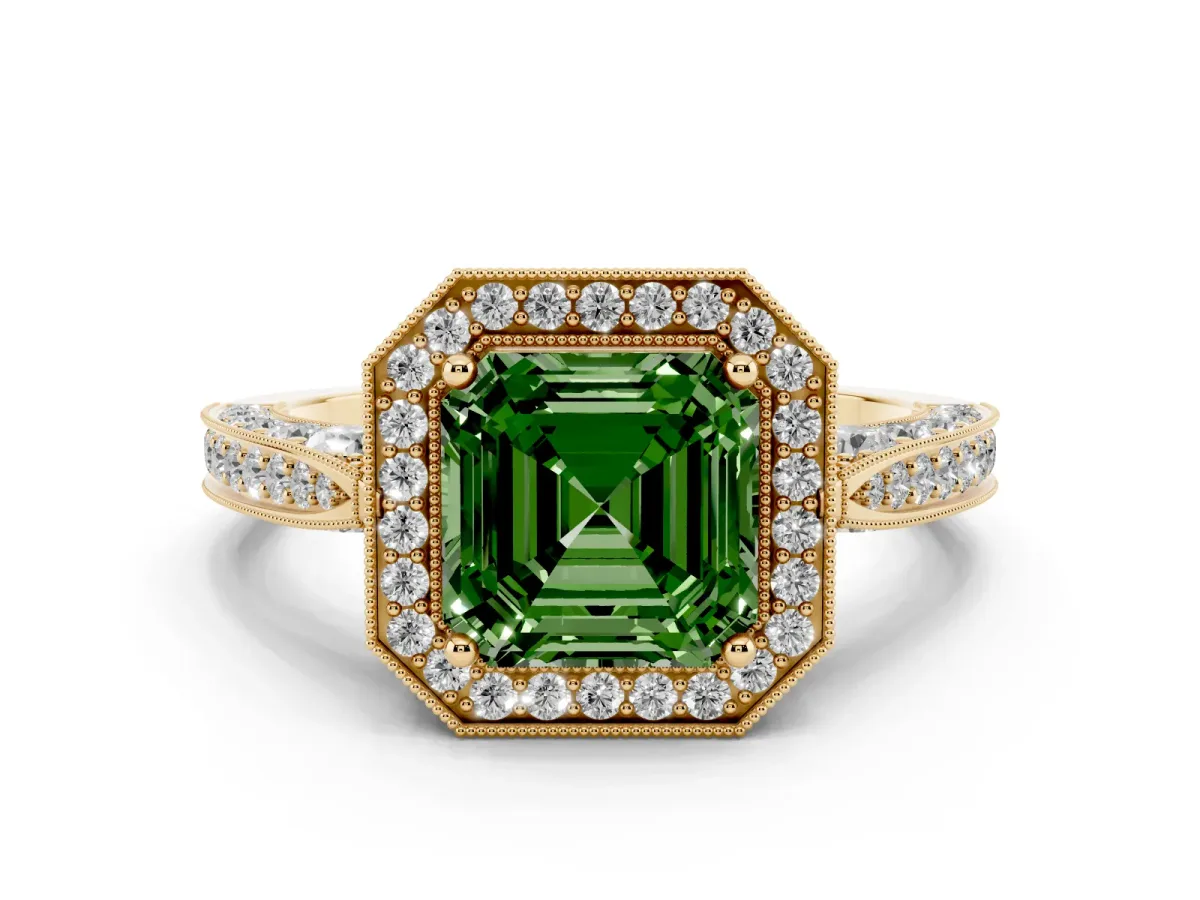 Fancy Green Asscher Cut Halo Diamond Engagement Ring with Split Shank Band and Four-Prong Setting Yellow gold