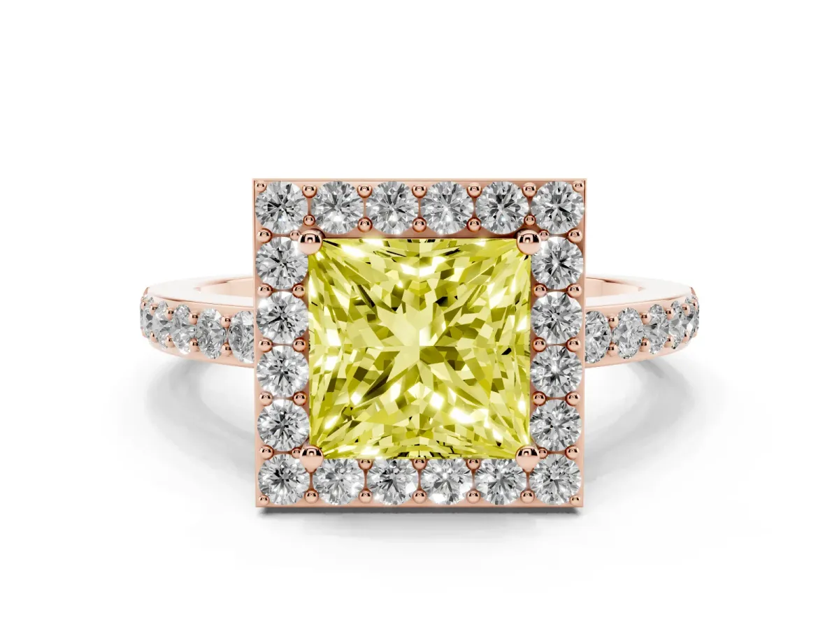 Fancy Yellow Princess Cut Halo Diamond Pavé Band Ring with Prong Setting Rose gold