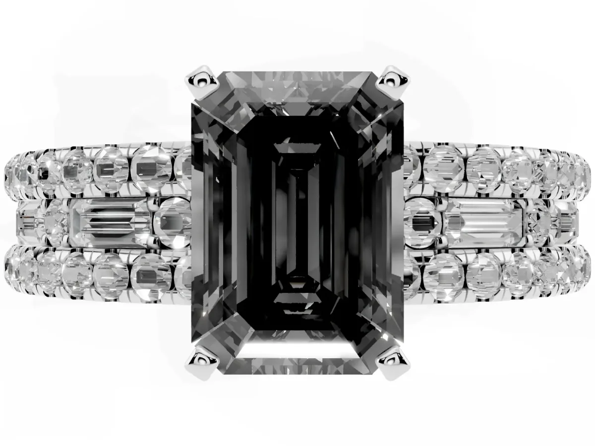 Fancy Black Emerald Cut Diamond Solitaire Ring with Pavé and Channel Set Band Silver