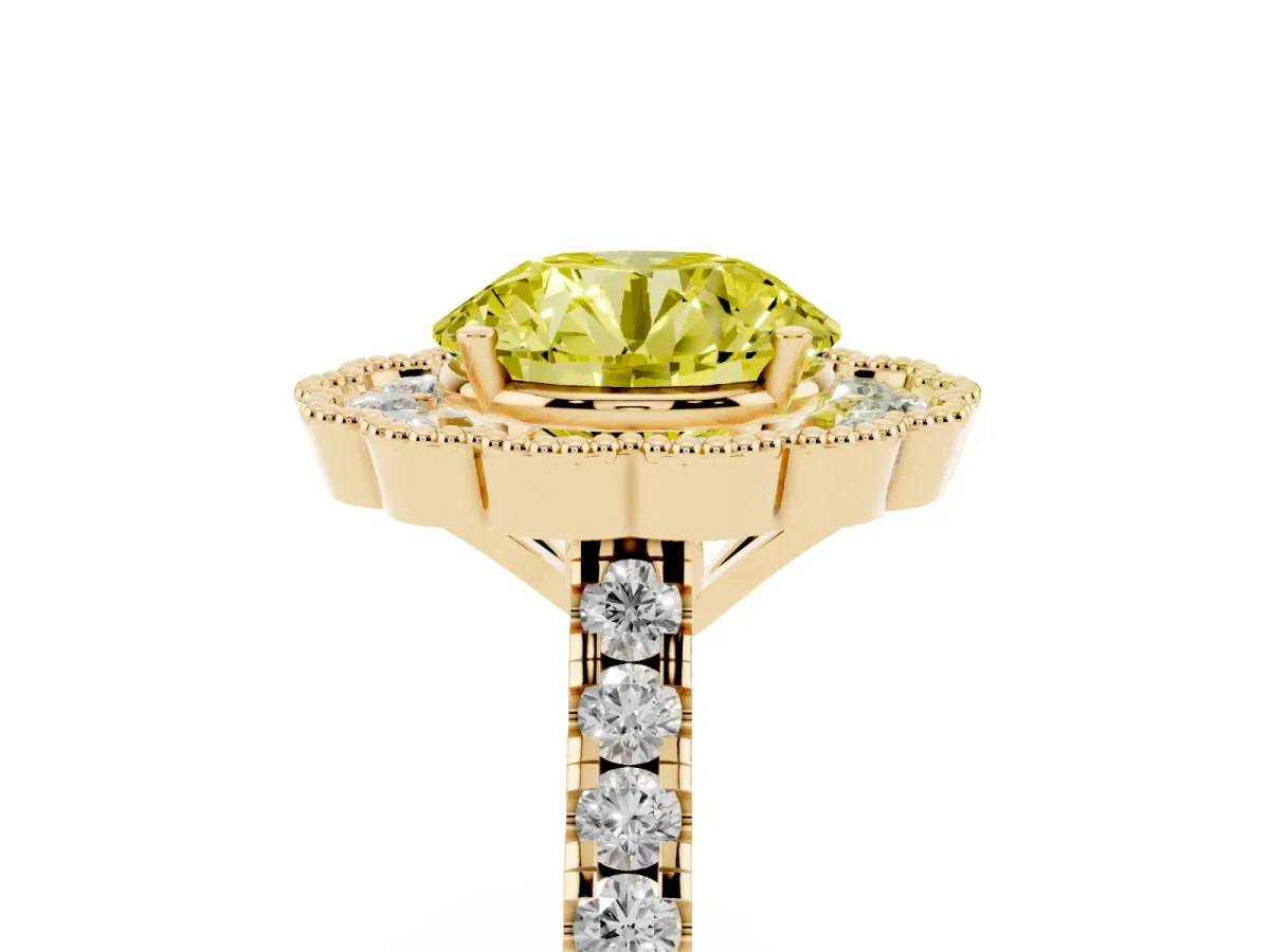 Fancy Yellow Round Cut Cut Diamond Milgrain Floral Halo Engagement Ring with Pavé Band Yellow gold