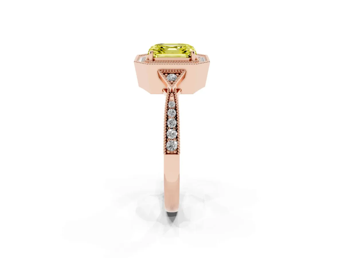 Fancy Yellow Asscher Cut Halo Round Diamond Milgrain Pave Engagement Ring Rose gold