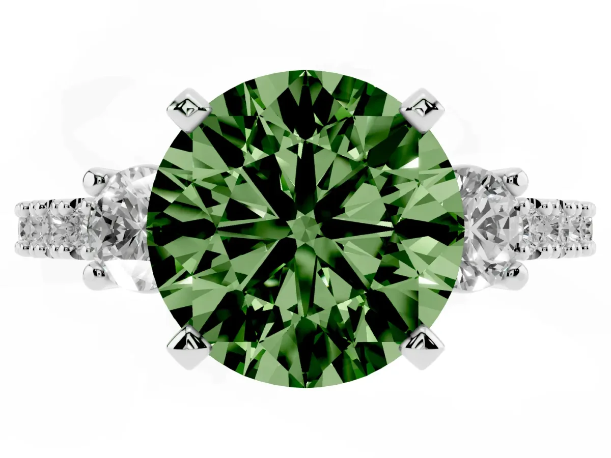 Fancy Green Round Cut Three-Stone Diamond Pavé Band with Prong Setting Platinum